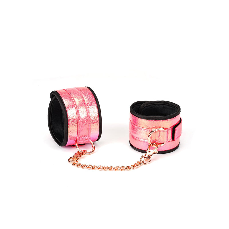 Glossy pink soft bondage wrist cuffs with rose gold chain from Vivid Sakura 8-piece set