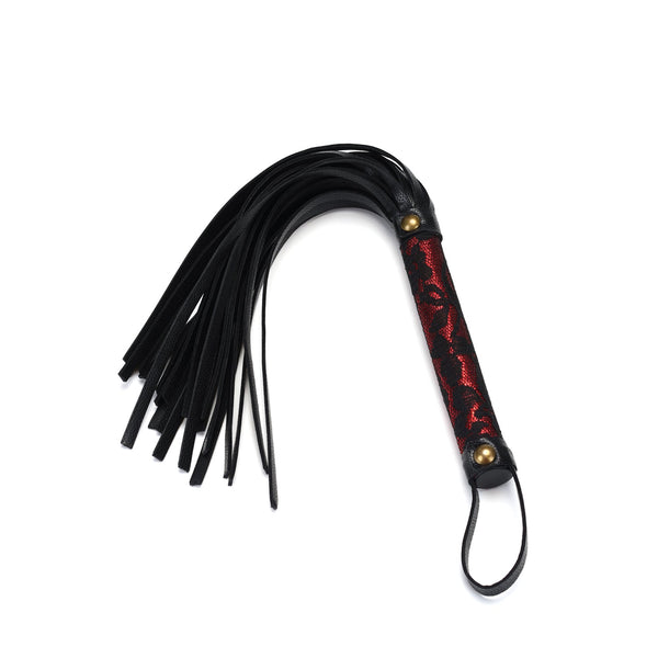Victorian Garden lace and vegan leather flogger whip, red and black with brass details, for beginner BDSM play