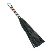 Rose Gold Leather Flogger Whip with black handle for bondage play, ideal for beginners and experienced users alike