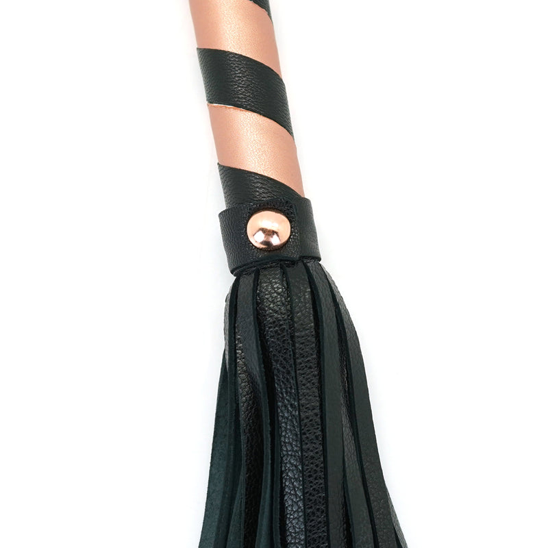 Rose Gold Memory leather flogger whip, black handle with rose gold accents for bondage play