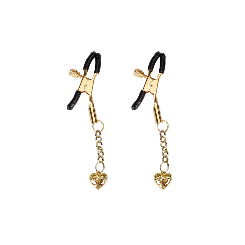 Gold heart-shaped nipple clamps with rubber coated tips and decorative chains, adjustable for comfort