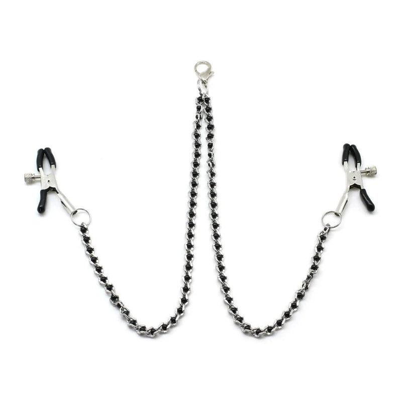 Adjustable black beaded nipple clamps with metal chains for sensual pleasure and nipple play.