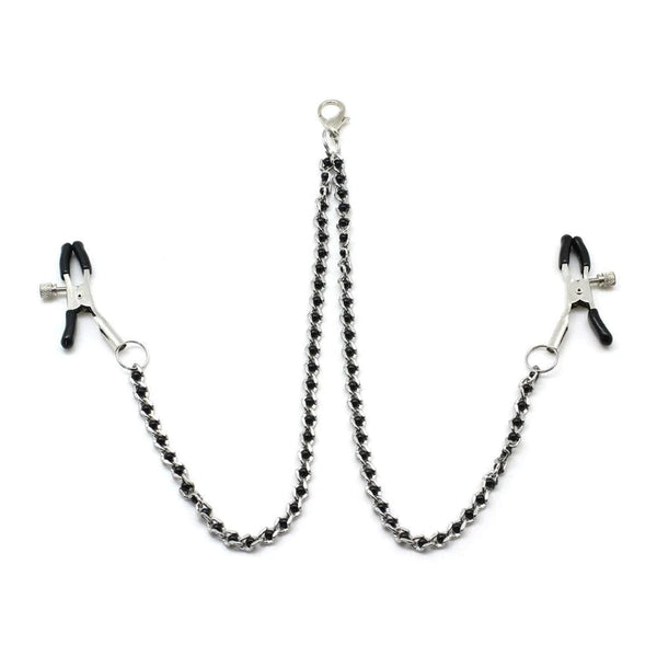 Adjustable black beaded nipple clamps with metal chains for sensual bondage play