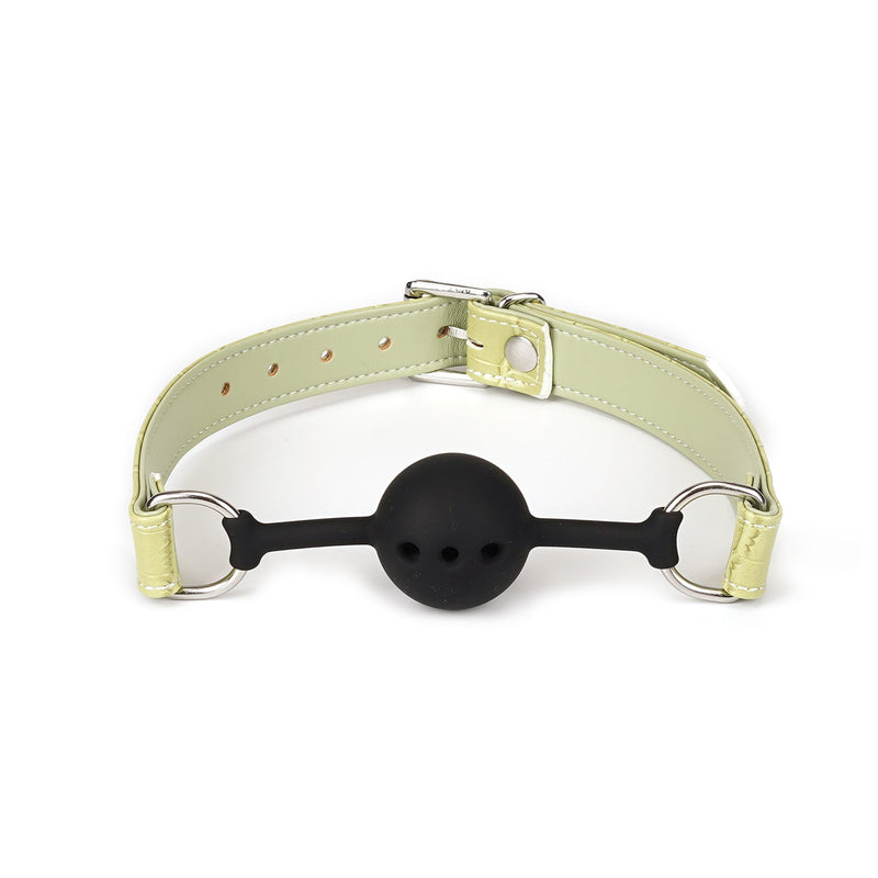 Beginner's bondage ball gag with light green faux crocodile leather strap and black breathable silicone ball from Macaron Electric Yellow kit