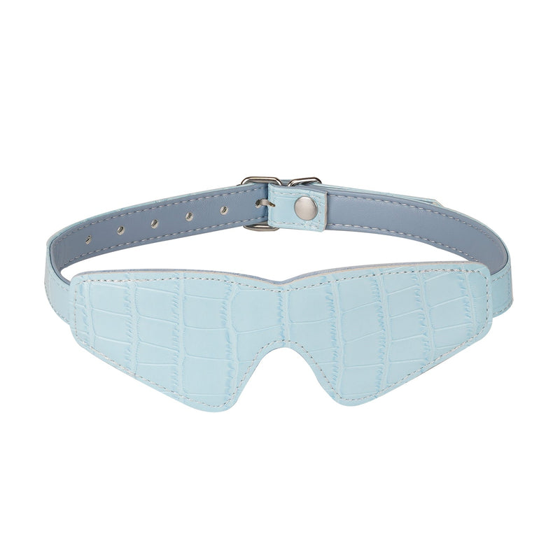 Electric blue faux crocodile leather blindfold with adjustable strap and silver metal buckle from beginner's bondage kit