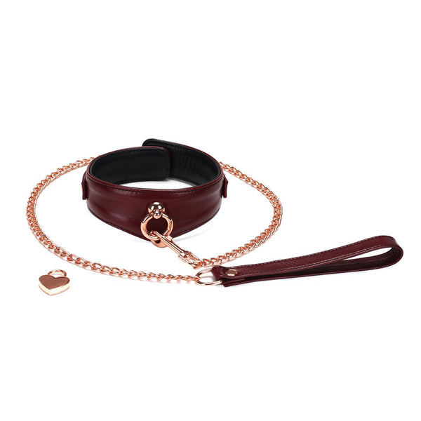 Wine red leather bondage collar with rose gold chain leash and locking buckle for BDSM play