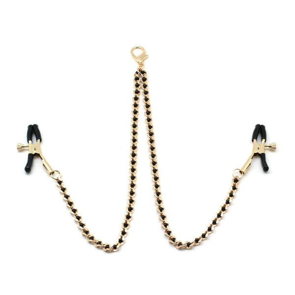 Adjustable black beaded nipple clamps with metal chains for sensual bondage play