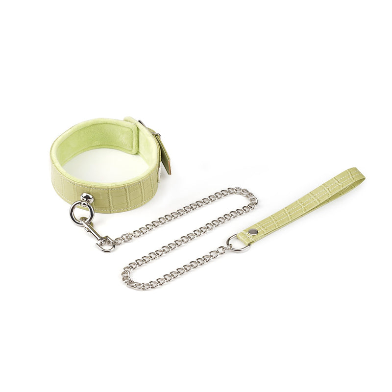 Electric yellow faux crocodile leather collar and leash from beginner's bondage kit