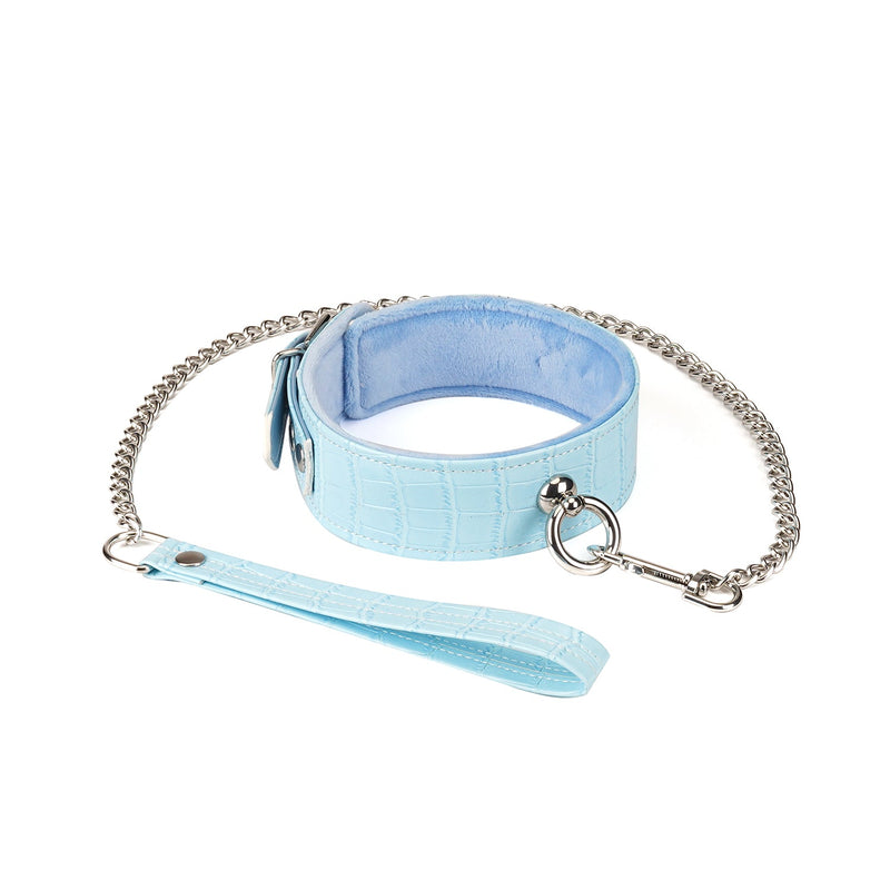 Electric blue crocodile-textured faux leather bondage collar with silver chain leash from beginner's bondage kit