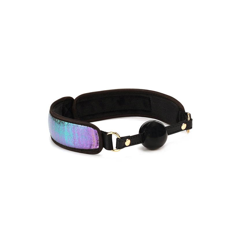 Holographic rainbow ball gag with black ball and golden hardware from the Vivid Niji Glossy Multicolor Soft Bondage Kit