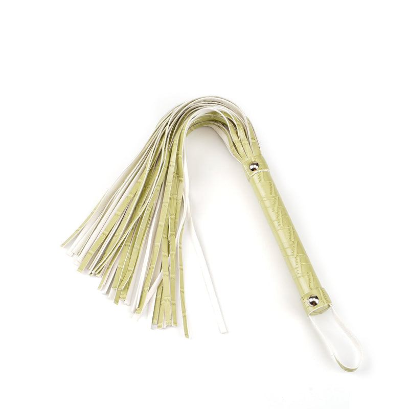 Electric yellow faux crocodile leather flogger with silver hardware from beginner's bondage kit