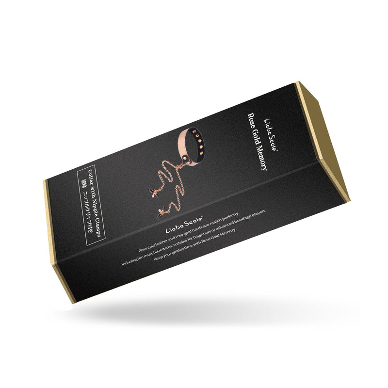 Liebe Seele Rose Gold Memory product packaging for thin leather collar with nipple clamps, black box with rose gold trim and product illustration