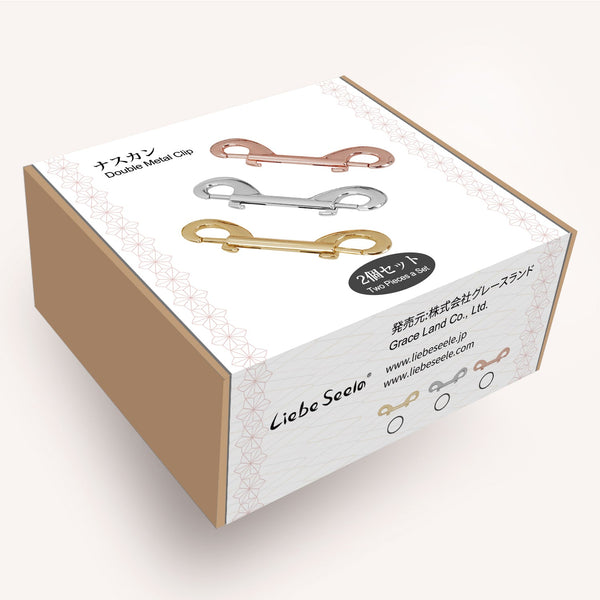 LIEBE SEELE double sided quick release clip packaging, featuring illustrations of multi-colored metal clips, product details in English and Japanese