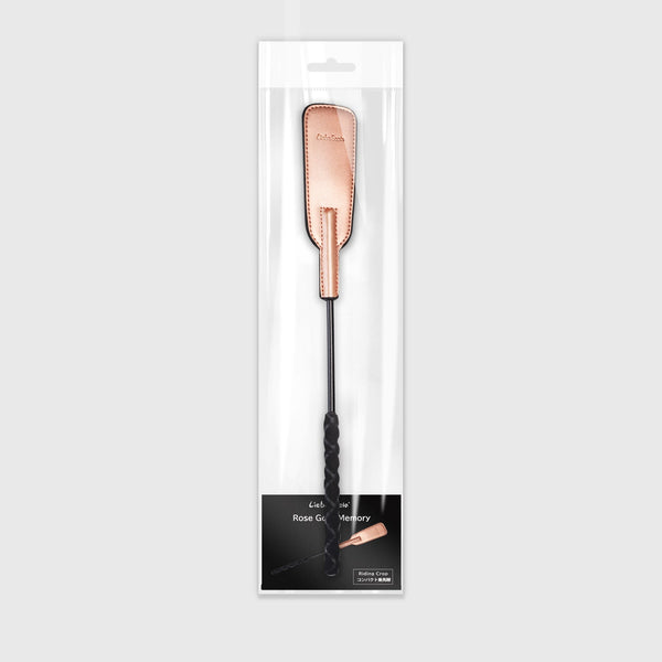 Rose Gold Memory premium leather riding crop with corkscrew handle and packaging from LIEBE SEELE