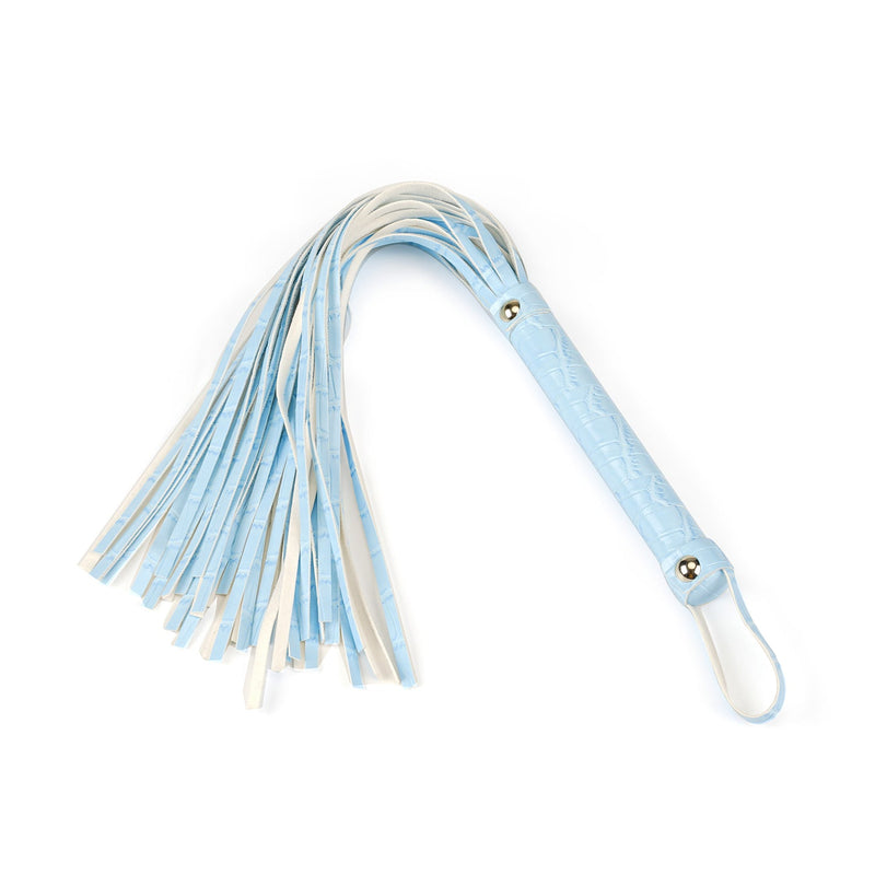 Blue faux crocodile leather flogger with silver rivets from beginner's bondage kit