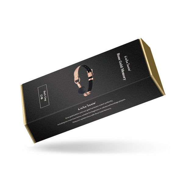Packaging of LIEBE SEELE Rose Gold Memory silicone ball gag with leather strap, featuring rose gold leather and product details on elegant black and gold box