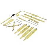 Electric yellow beginner's bondage kit with 9 pieces including blindfold, ball gag, collar and leash, handcuffs, ankle cuffs, paddle, flogger, hog tie, and mini massager, displayed on white background