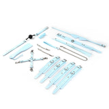 Macaron Electric Blue Beginner's Bondage Kit displaying blindfold, collar and leash, handcuffs, ankle cuffs, paddle, flogger, hog tie, ball gag, and mini massager in faux crocodile leather