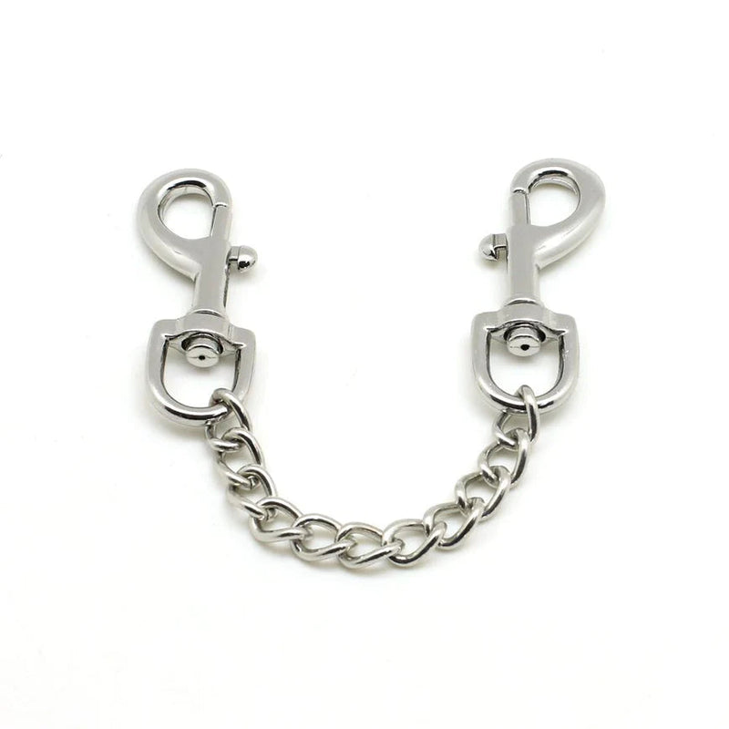 Silver quick release clip with double-ended clasps and 3.7 inch connecting chain, ideal for bondage gear attachments