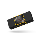 Victorian Garden collection packaging for lace and vegan leather hog tie with brass clips and red straps, elegant floral and black design