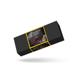 Victorian Garden lace and vegan leather blindfold in an open black box featuring product information and brand logo, ideal for BDSM sensory deprivation play