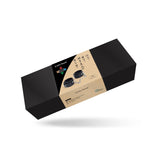 Black Bond: Recycled leather ankle cuffs packaging from Liebe Seele's sustainable BDSM collection with silver hardware detail.