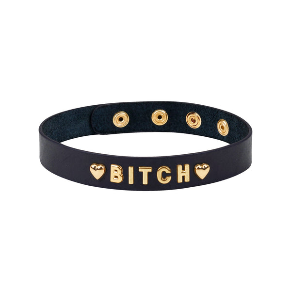 Gold Word Choker with 'BITCH' in gold letters on black leather, adjustable BDSM accessory