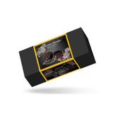 Victorian Garden product packaging for lace and vegan leather handcuffs, showcasing elegant red and black design with brass-colored hardware and product details.