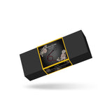 Packaging of Victorian Garden Lace and Vegan Leather Bull Whip, featuring a red and black bullwhip inside a stylish black box with gold trim and collection branding