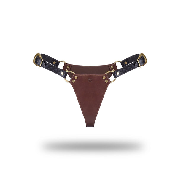 Luxury BDSM leather panties with vintage gold hardware from The Equestrian collection by LIEBE SEELE, designed for fetish wear