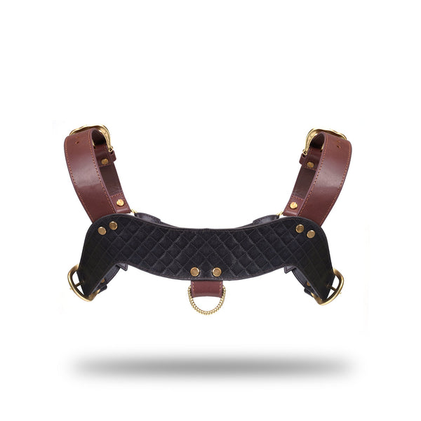 Luxury quilted leather chest harness with golden hardware from The Equestrian collection, perfect for BDSM roleplay and pony play
