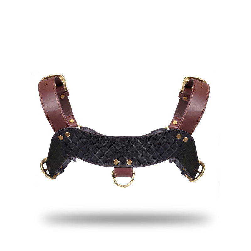 Luxury quilted leather chest harness with golden hardware from The Equestrian collection, perfect for BDSM roleplay and pony play