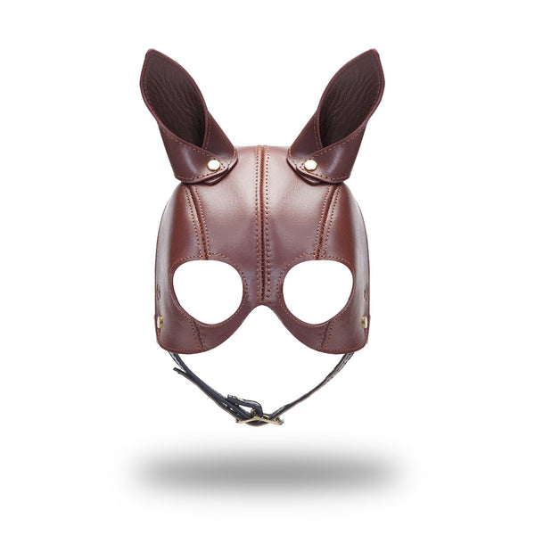 Luxury leather bondage mask with horse design from The Equestrian collection, featuring eye holes and brass hardware for BDSM roleplay