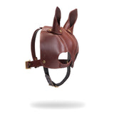 Luxury leather bondage mask from The Equestrian collection with bunny ears, vintage gold accents, and adjustable strap for BDSM roleplay