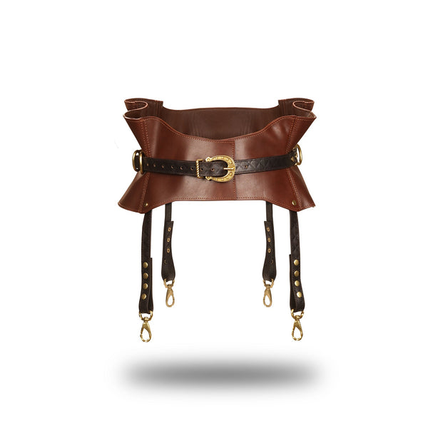 Luxury leather bondage waist belt with suspenders in chocolate brown, featuring adjustable straps and vintage gold hardware for fetish wear