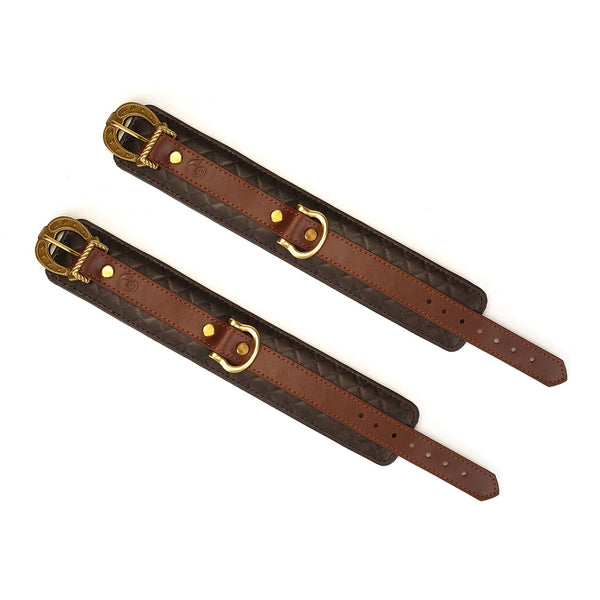 Luxury brown leather ankle cuffs with vintage gold buckles from The Equestrian collection, adjustable for bondage play