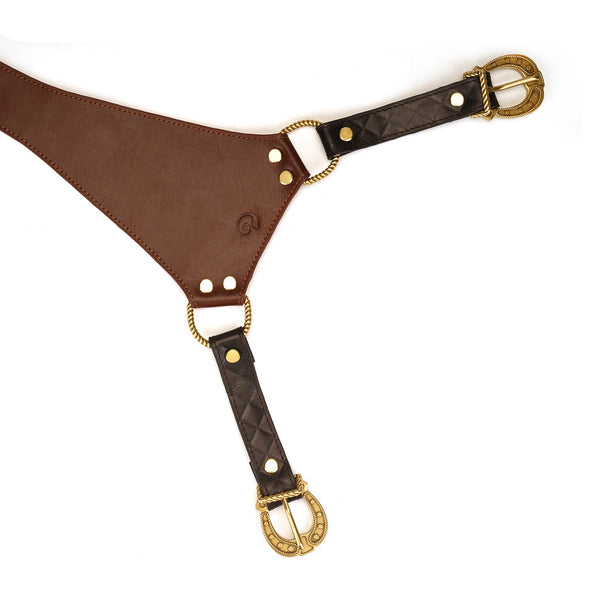 Elegant dark brown and light brown leather panty with vintage gold hardware and adjustable buckles from The Equestrian collection