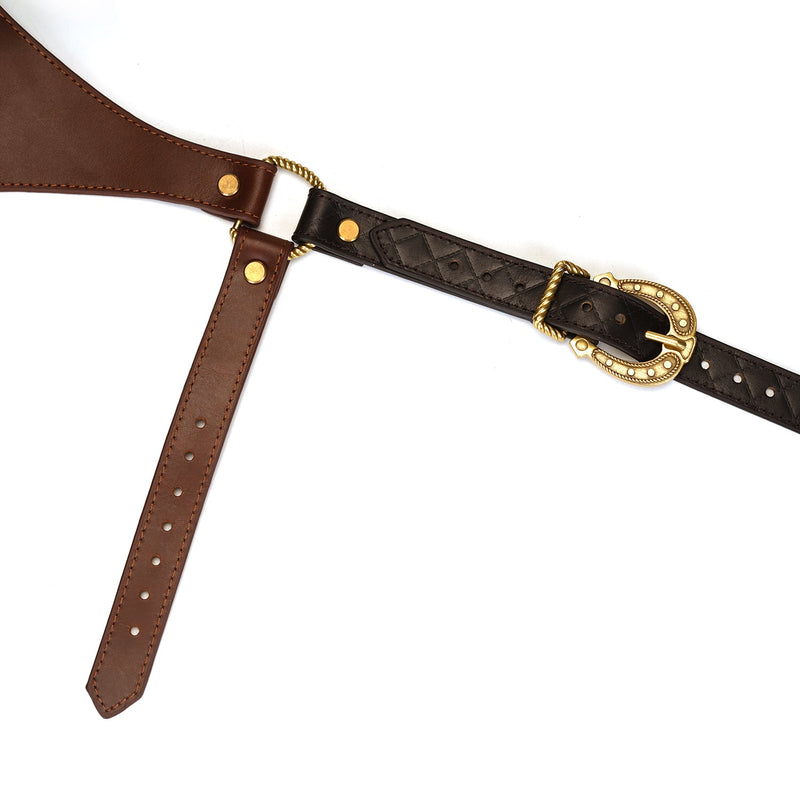 Elegant leather waist belt from The Equestrian collection, showcasing vintage gold hardware and detailed stitching on dual-tone brown leather