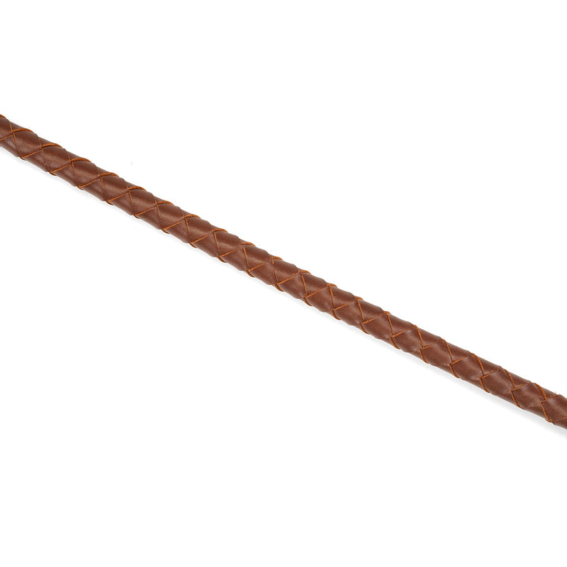 Close-up of tan braided leather handle of The Equestrian luxury riding crop for BDSM play