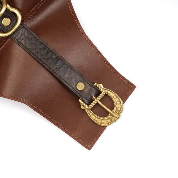 Luxury leather bondage waist belt with vintage gold buckle and dual-tone suspenders, from The Equestrian collection