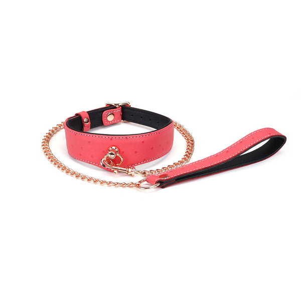 Cherry Blossom Pink Leather Bondage Collar with Ostrich Skin Pattern and Rose Gold Chain Leash from Angel's & Demon's Kiss Collection