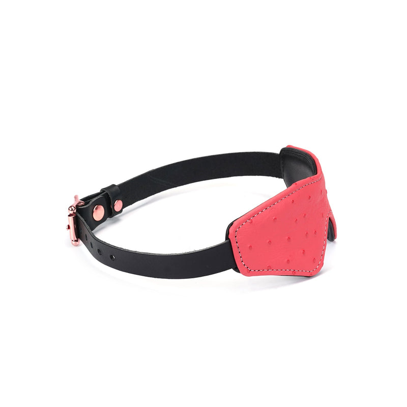 Cherry blossom pink leather blindfold with ostrich skin pattern and rose gold buckle from Angel's Kiss collection