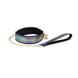 Multicolored holographic wrist cuffs with gold chain leash from Vivid Niji soft bondage kit