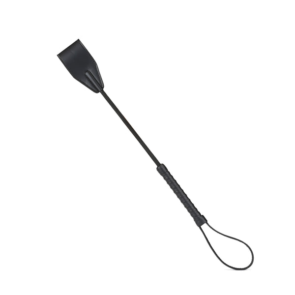 Black vegan leather riding crop with textured handle and wrist loop for BDSM play