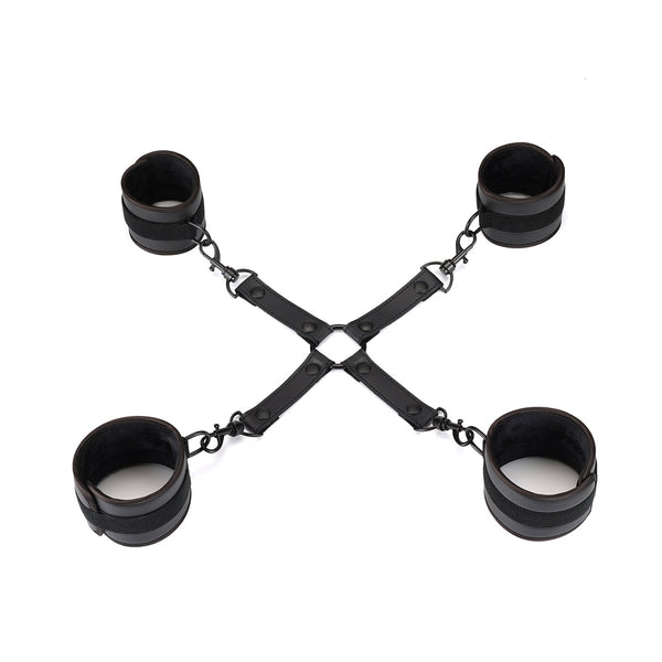 Vegan leather hog tie restraint set with wrist and ankle cuffs for erotic bondage play