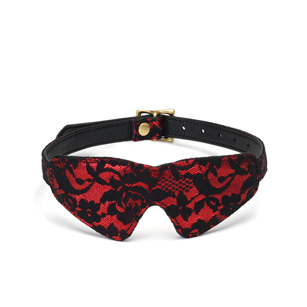 Victorian Garden lace and vegan leather blindfold with adjustable golden buckle, ideal for BDSM sensory deprivation play