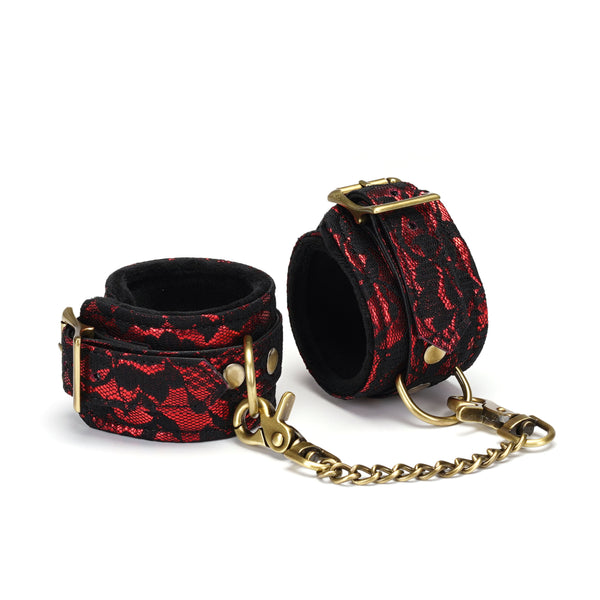 Victorian Garden lace and vegan leather handcuffs with soft lining, red and black with gold-colored hardware