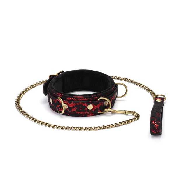 Victorian Garden lace and vegan leather bondage collar with chain leash, featuring brass hardware and three D-rings for BDSM play accessories