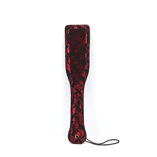 Red and black Victorian Garden lace-covered vegan leather spanking paddle with wrist loop for BDSM play