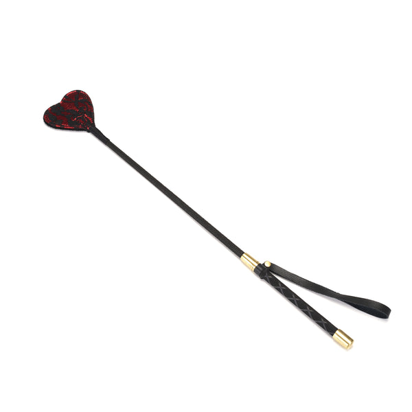 Victorian Garden lace and vegan leather BDSM riding crop with heart-shaped tip and patterned handle
